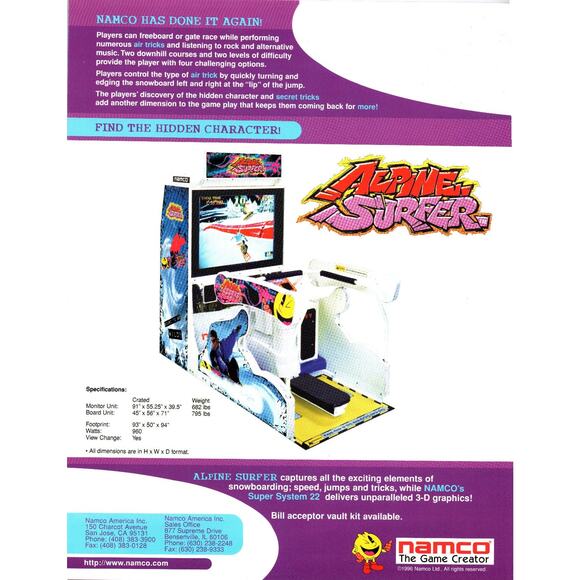 1996 Namco Alpine Surfer Arcade Game Flyer Snowboarding Revolution - Picture 2 of 2